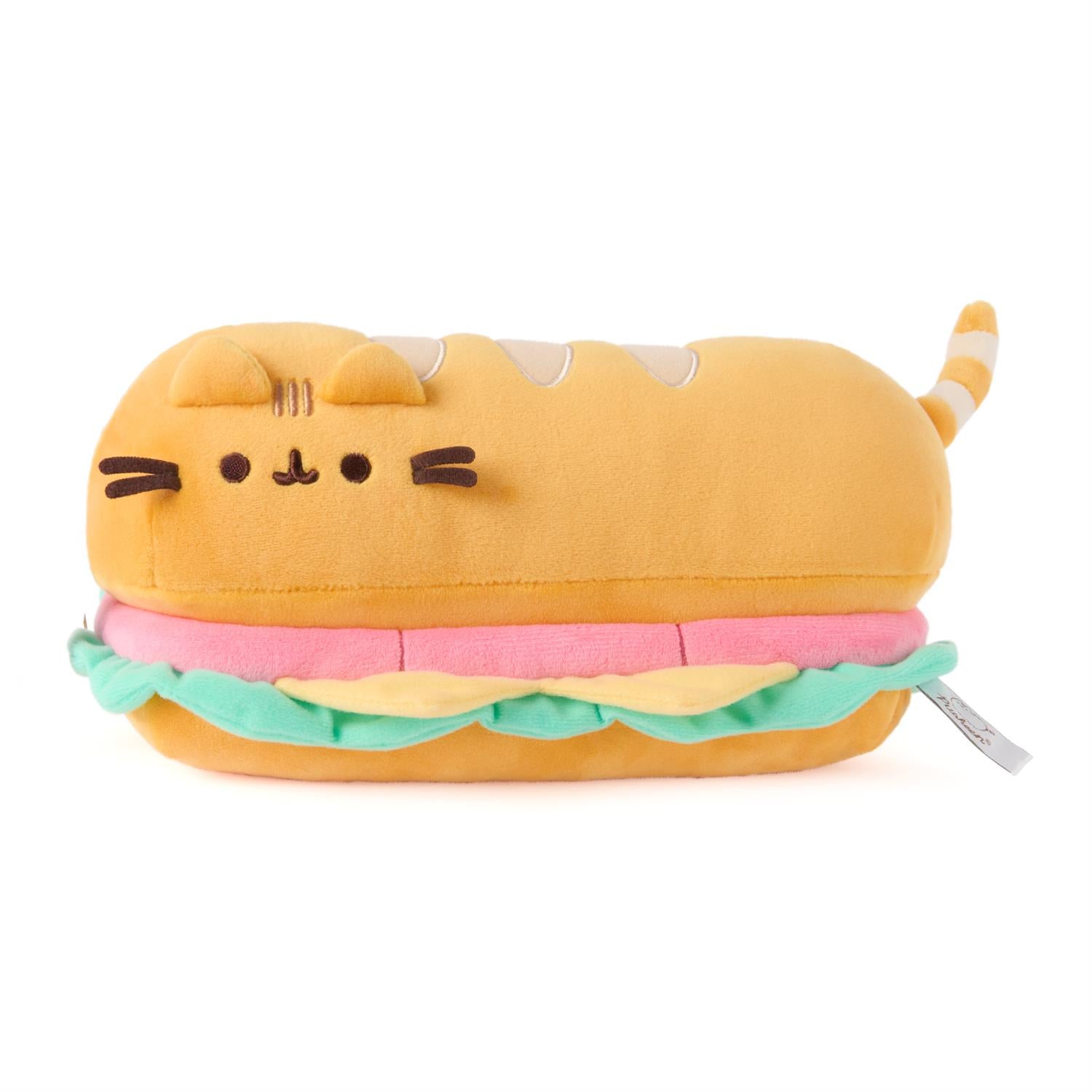 Plush toy shaped like a hamburger with a cat face on a white background