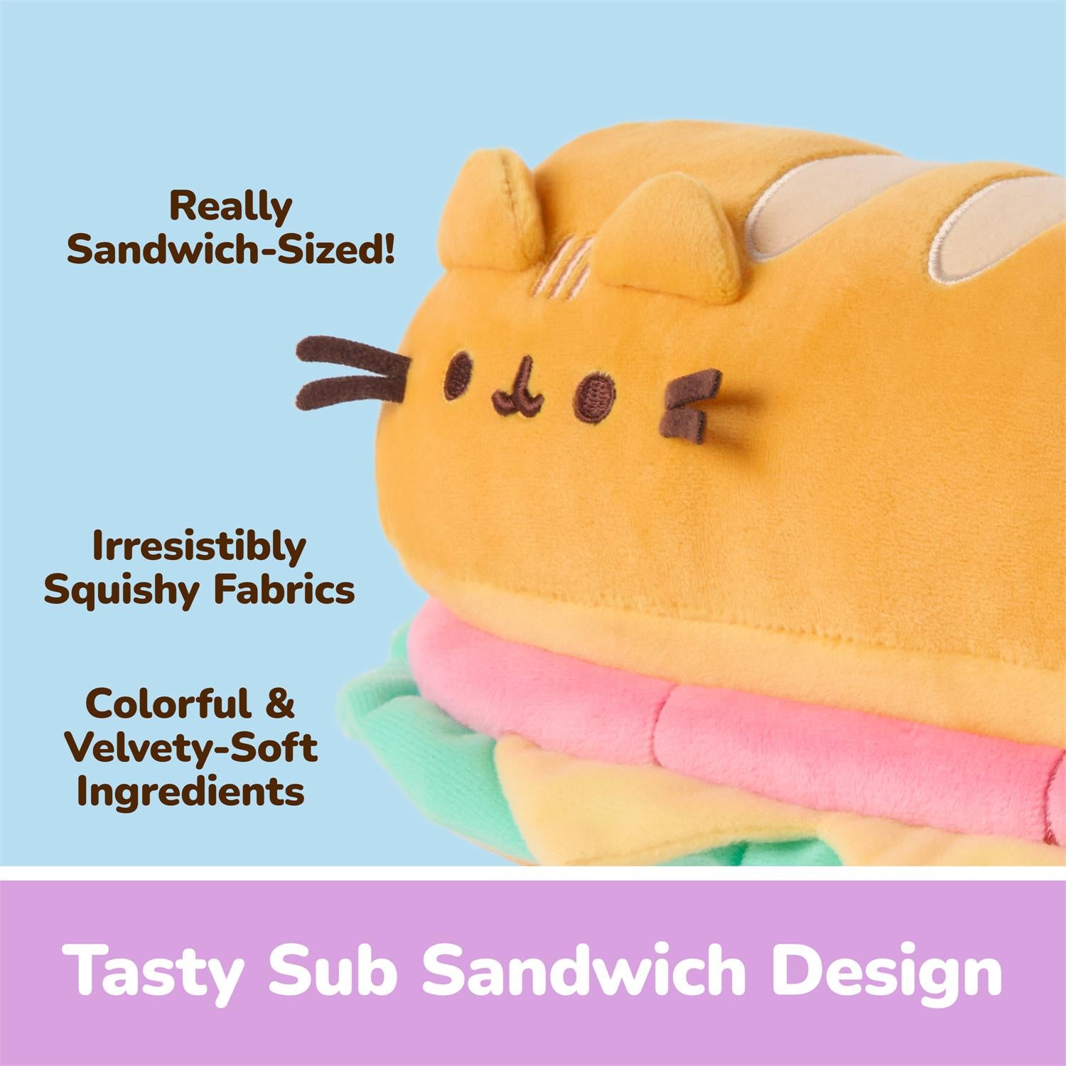 A plush cat-shaped sandwich toy with a yellow top bun, pink middle layer, and mint green bottom layer, shown on a light blue background with promotional text overlays.