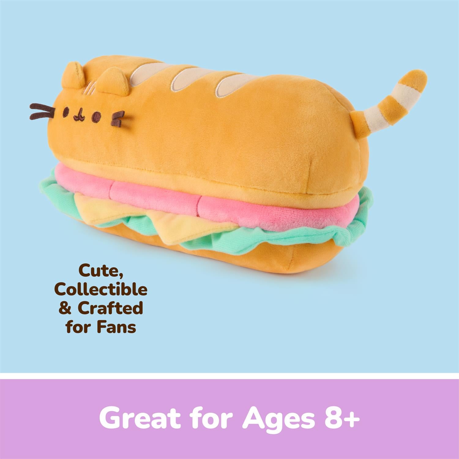 A plush sandwich-shaped collectible pillow featuring a cat face on the bread, pink and yellow filling layers, and green lettuce, shown on a light blue background with text reading 'Cute, Collectible & Crafted for Fans' and a purple banner at the bottom reading 'Great for Ages 8+'.
