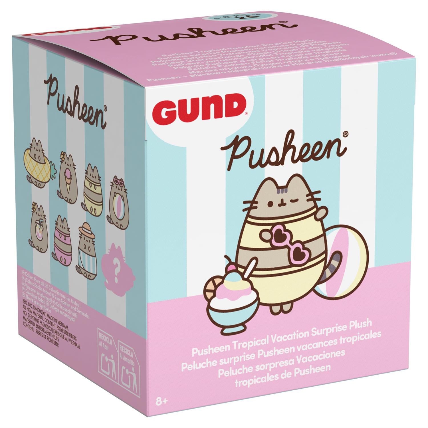 Gund Pusheen plush toy packaging with pink and blue striped design