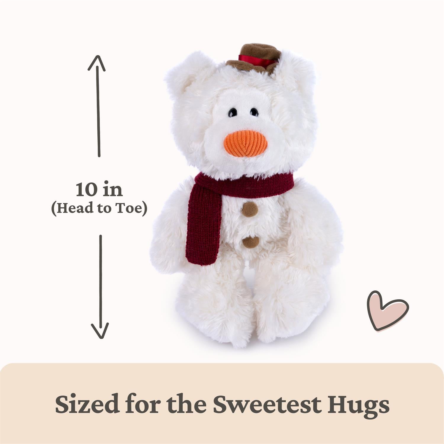 A white plush teddy bear wearing a dark red scarf and brown hat, shown on a light background with measurement text indicating 10 inches head to toe and the phrase 'Sized for the Sweetest Hugs'.