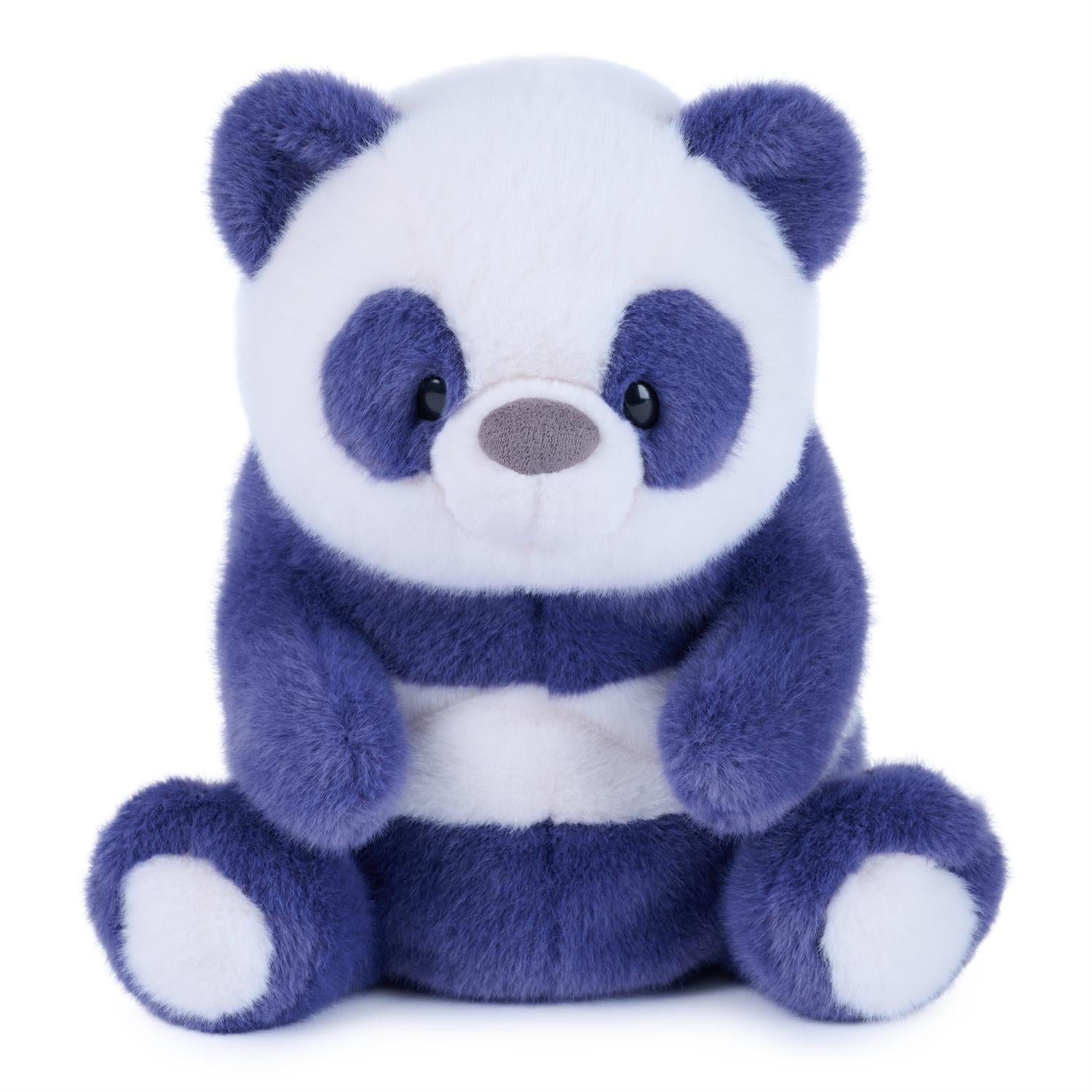 Plush toy panda with blue and white color scheme on a white background