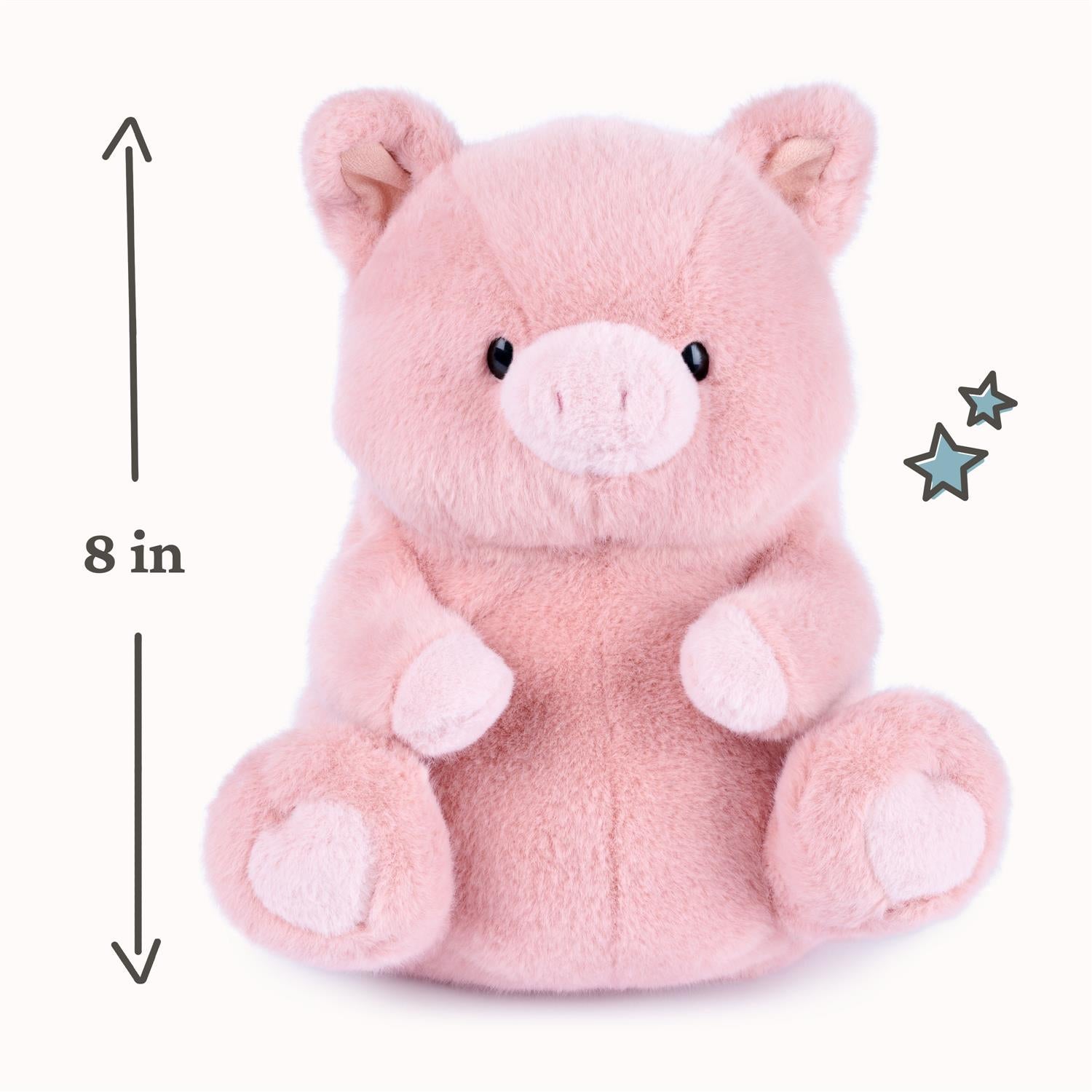 A pink plush pig toy shown on a light background with a height measurement arrow labeled 8 in on the left and small star graphics on the right.