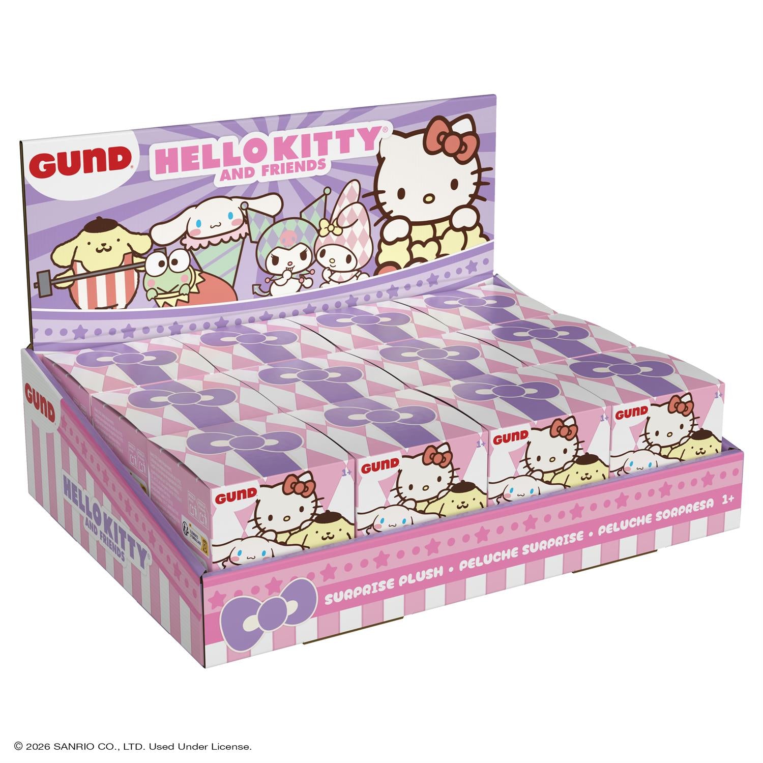 A retail display box filled with Gund and Hello Kitty surprise plush packs, featuring Sanrio characters like Gund, Pompompurin, My Melody, and Hello Kitty on a white background.