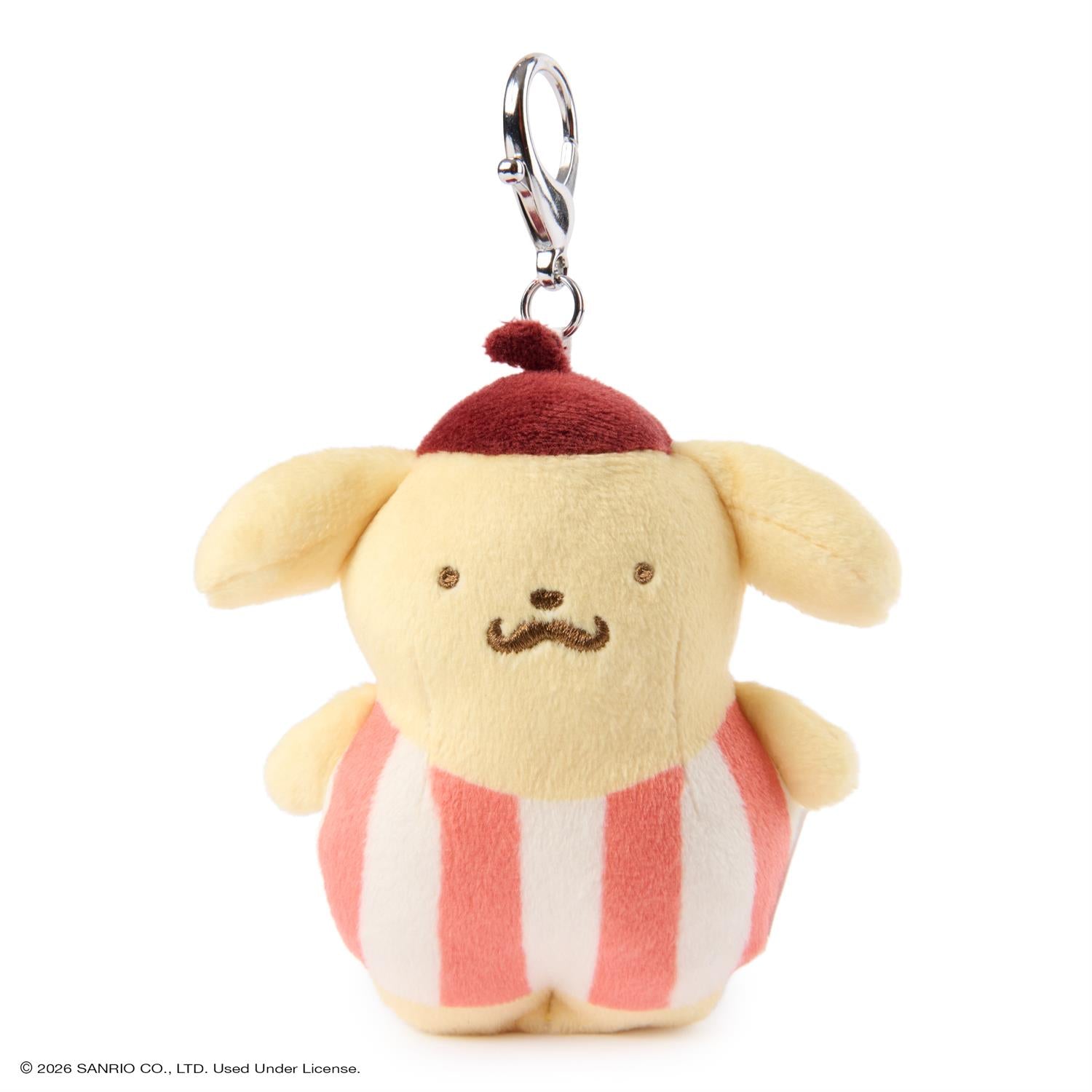 Plush keychain with a dog-like character wearing a red hat and striped shirt on a white background