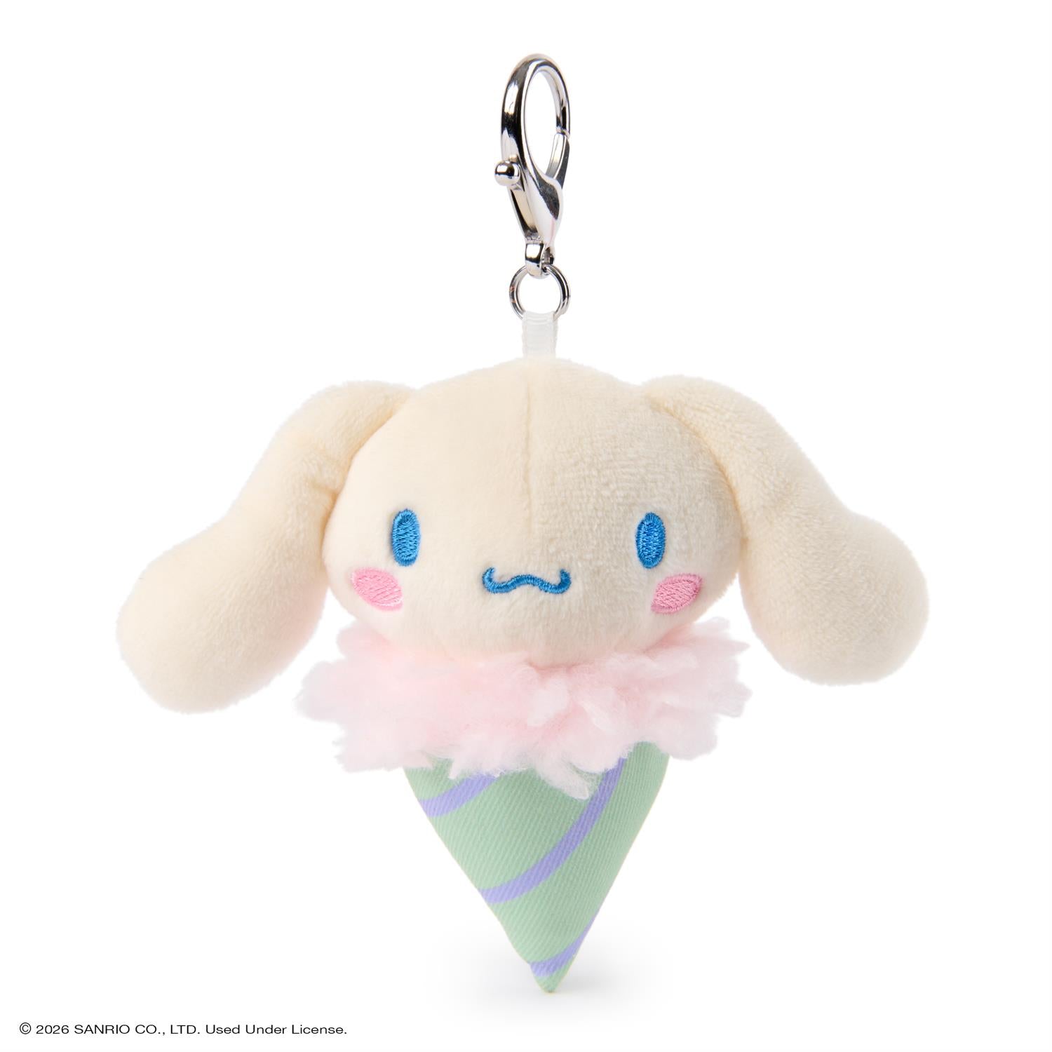 Plush keychain in the shape of a character with a cone and flower design on a white background