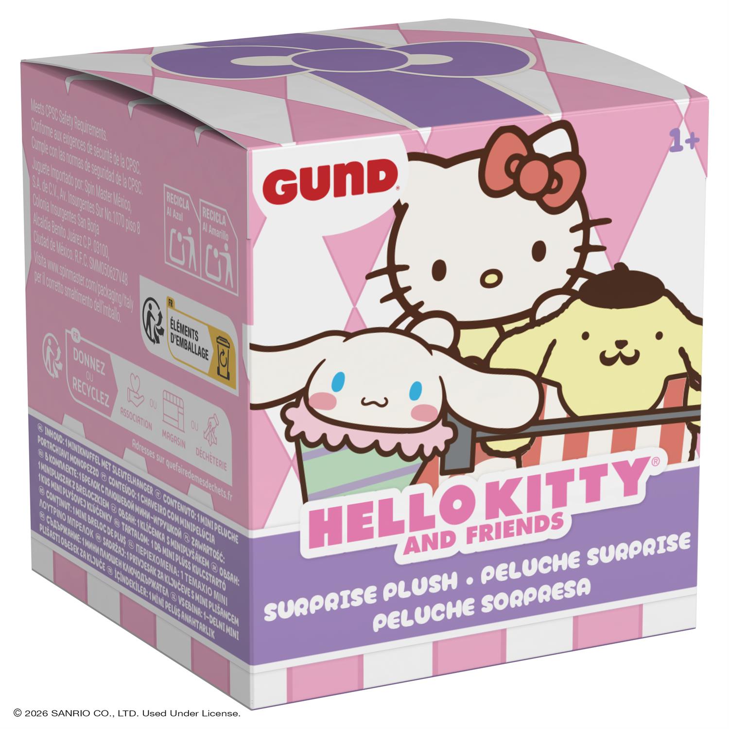 Gund Hello Kitty and Friends surprise plush packaging with cartoon characters on a pink and purple box.