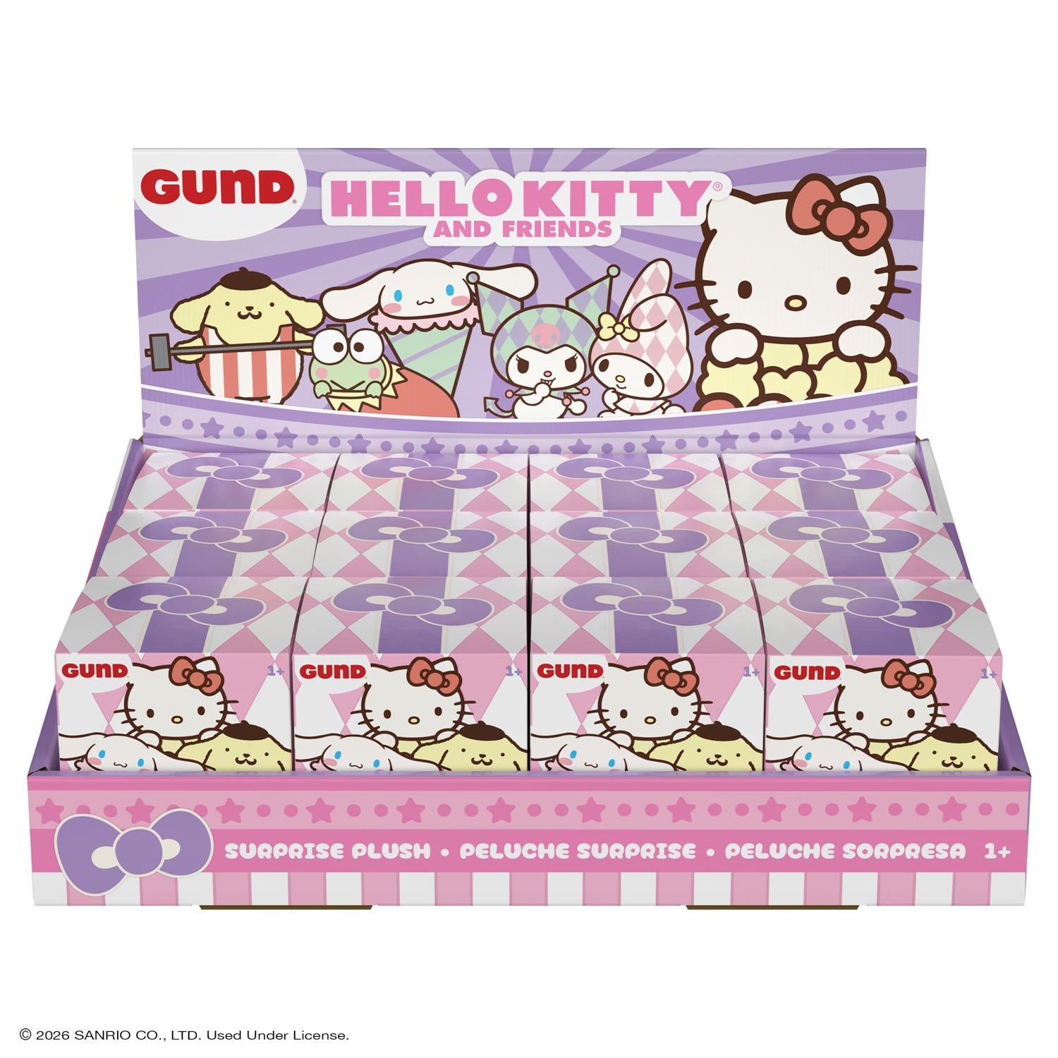 A retail display box filled with Hello Kitty and Friends Gund surprise plush packs, featuring Sanrio branding and character artwork on the packaging.