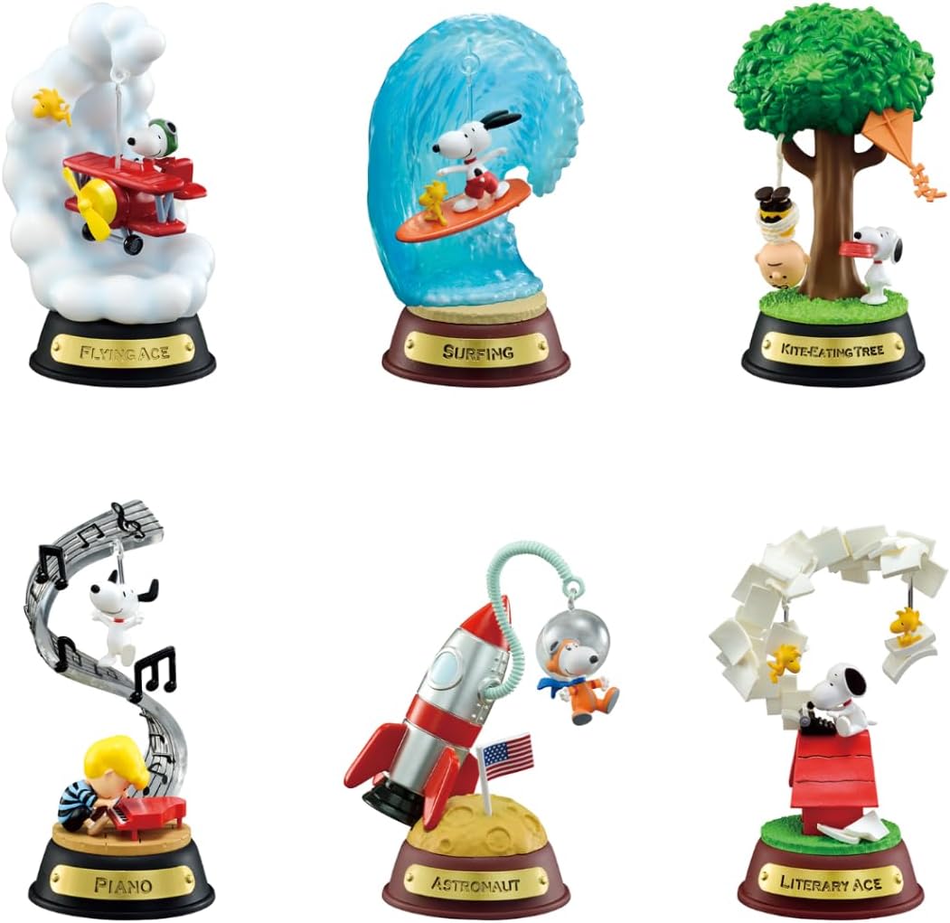 Set of six Snoopy-themed figurines with various activities on a white background