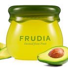 Cosmetic jar with avocado and green lid.