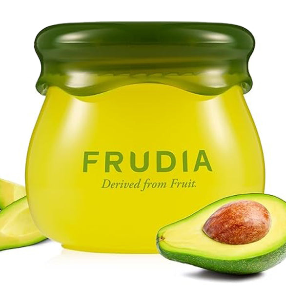 Cosmetic jar with avocado and green lid.