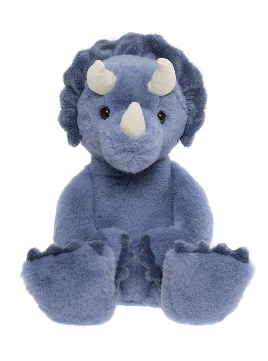 Blue plush triceratops toy on a white background