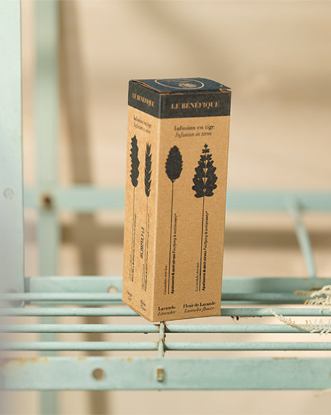 Close-up of a lavender infusion box on a metal shelf.