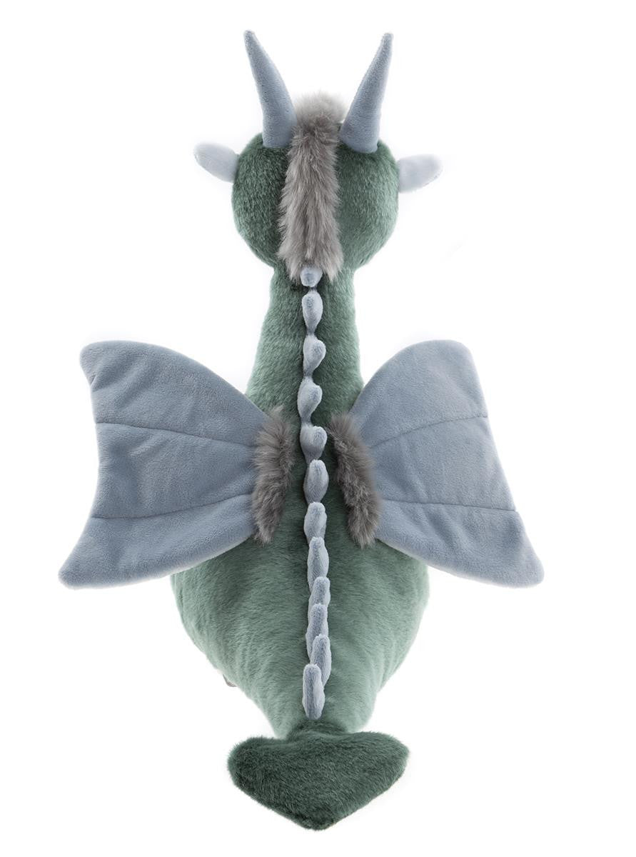 Plush dragon toy with green body, gray wings, and horns on a white background