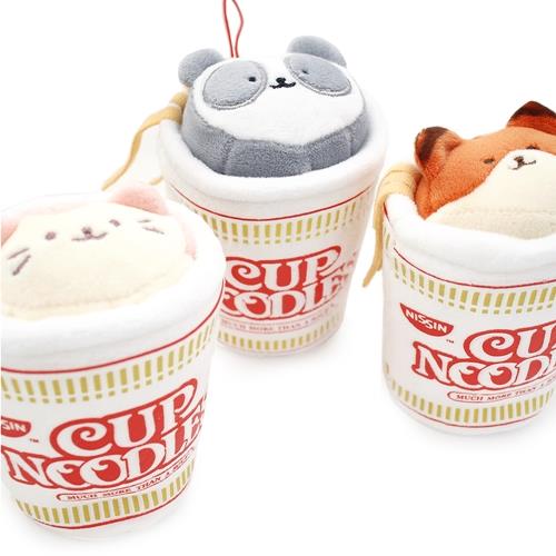 Three stuffed Cup Noodles featuring a cat, panda, and fox.