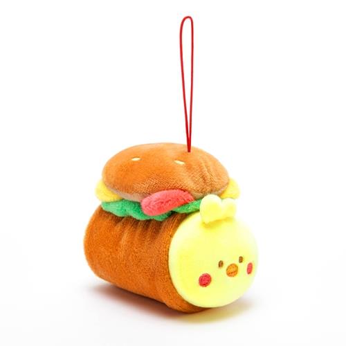 Plush toy shaped like a hamburger with a yellow chick face.
