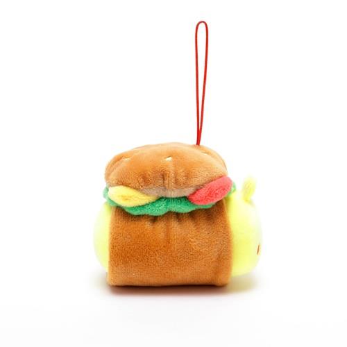 Stuffed toy with burger design and red strap.