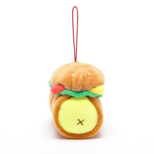 Plush hamburger keychain with red loop for hanging.