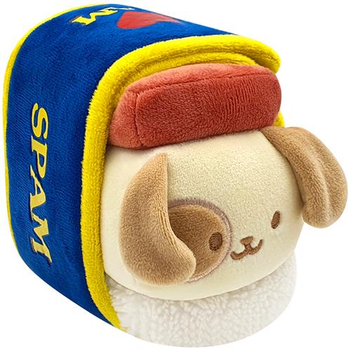 A plush toy that resembles a dog in Spam musubi form.