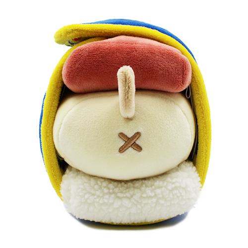 Stuffed plush toy with red hat, white face with stitched X, and blue and yellow hood.