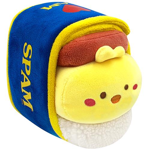 Plush toy of Spam musubi with a yellow bird face.