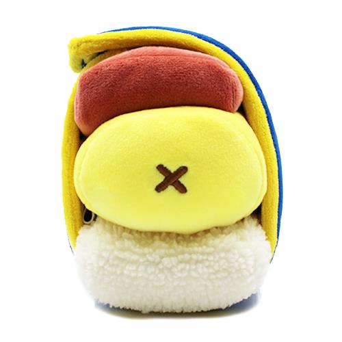 Plush, yellow, red, and white coin purse with an X.
