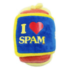 Close-up of a plush toy shaped like a can of Spam, with "I <3 SPAM" design.