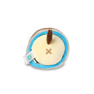 Plush K.K. Slider Gyroid. Round. Light brown and blue. Label. Embroidered details.