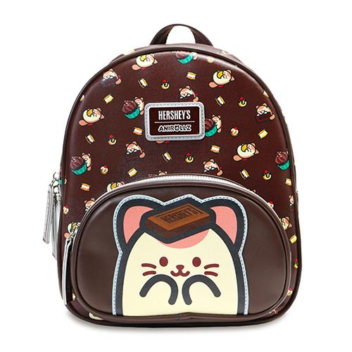 Brown Hershey's Anirollz backpack with cat design on front pocket.