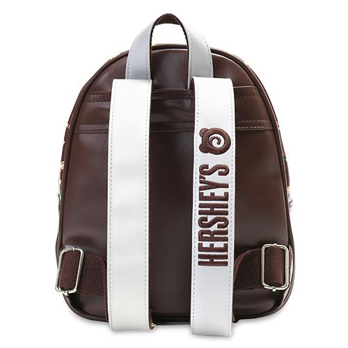 Back view of a brown Hershey's backpack with white straps.