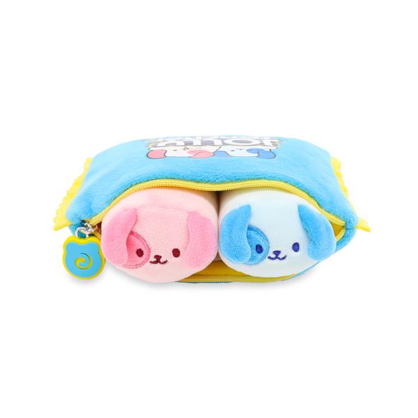 Blue pouch with plush, cartoon dog rolls inside.
