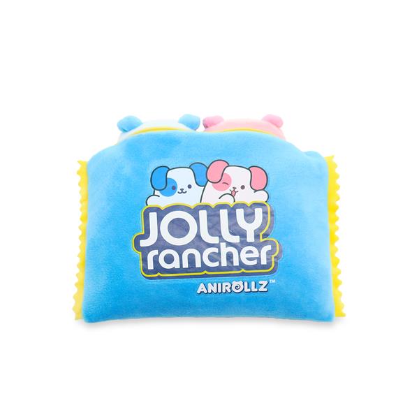 Blue plush toy with "Jolly Rancher" text and cartoon dogs.