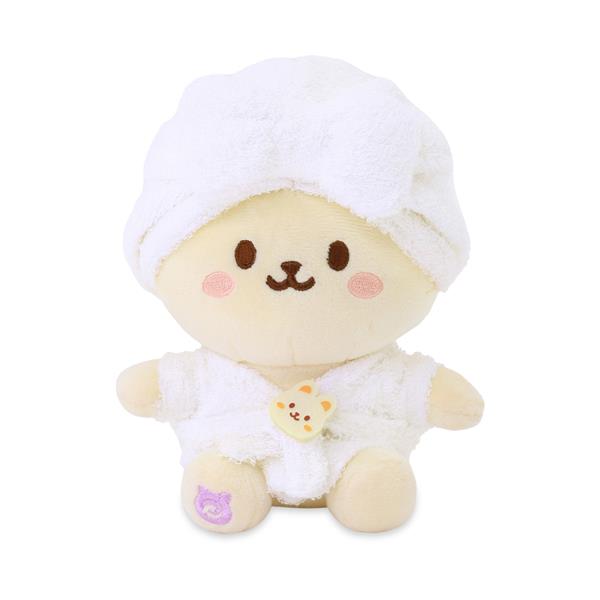 Stuffed plush toy in towel head wrap and robe.