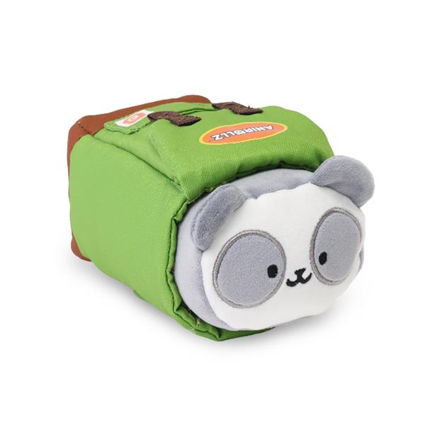 Stuffed panda toy in a green and brown backpack.