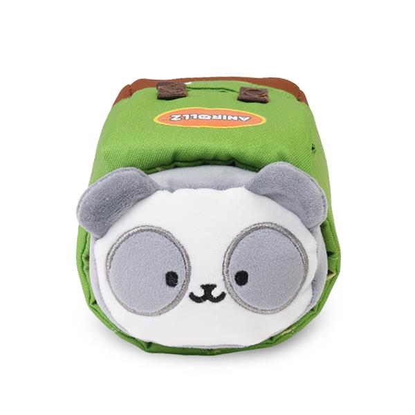 A plush, green backpack with a panda face.