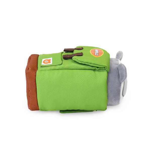 Stuffed animal toy with green backpack and brown trim.