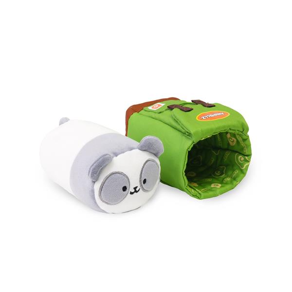 Plush panda toy next to a green toy carrier.