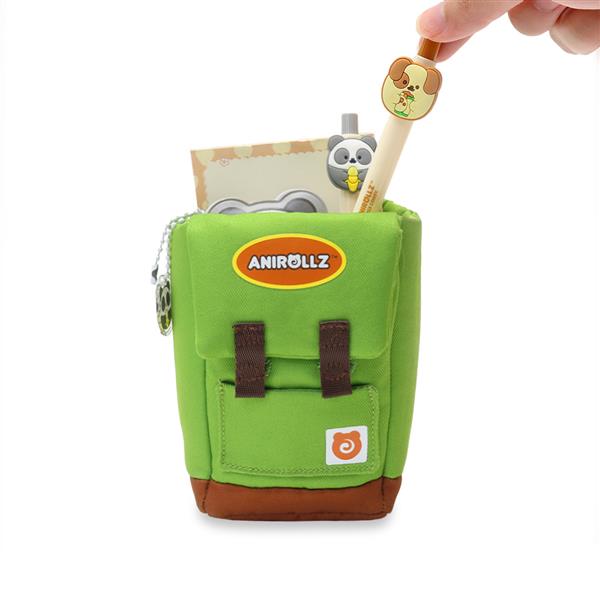 Green backpack pen holder with brown accents and cartoon characters.