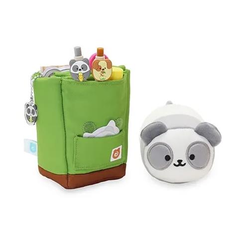 A plush toy playset with a green square pouch and a panda plush.