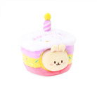 Plush toy shaped like a birthday cake with a rabbit character.
