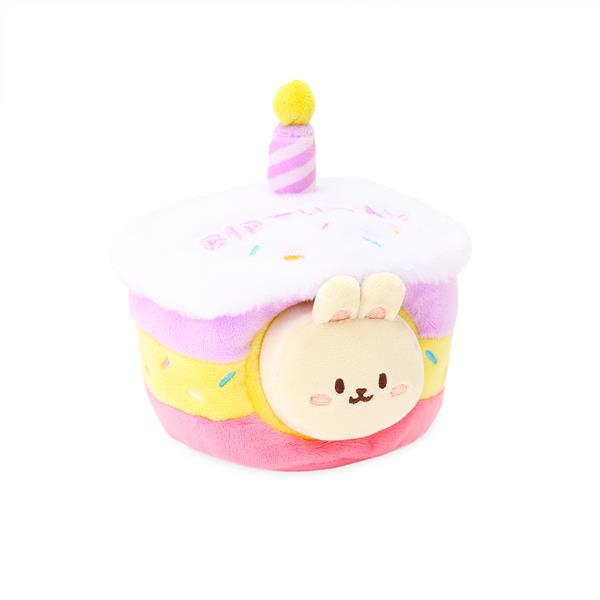 Plush toy shaped like a birthday cake with a rabbit character.