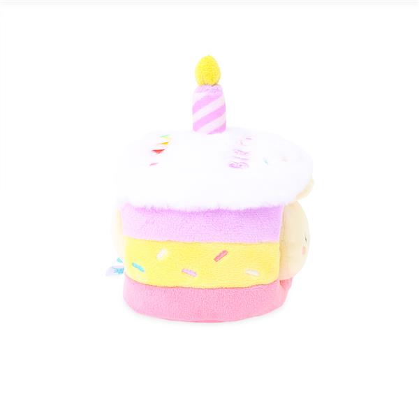 Plush birthday cake with candle. Multi-layered pink, yellow, and white.