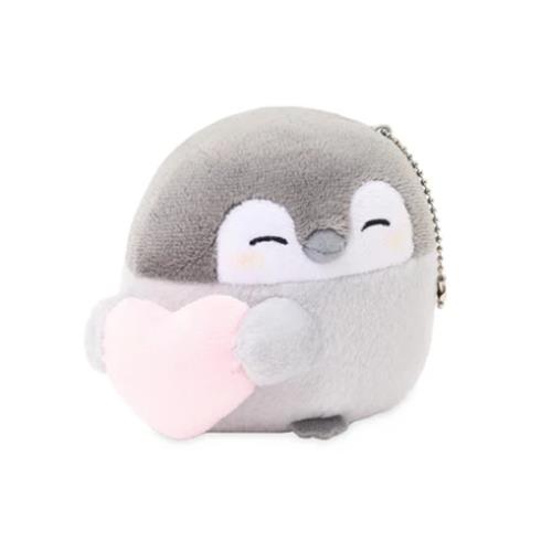 Plush grey penguin with pink heart.