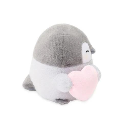 Gray and white penguin plush holding a pink heart.