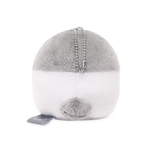 Gray and white plush toy with ball chain.