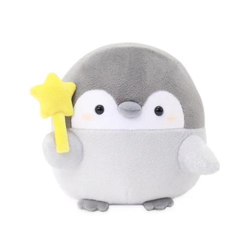 Plush, round penguin with a gray and white body, black eyes, and a yellow star wand.