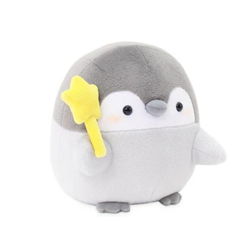 Gray and white plush penguin holding a yellow star wand.
