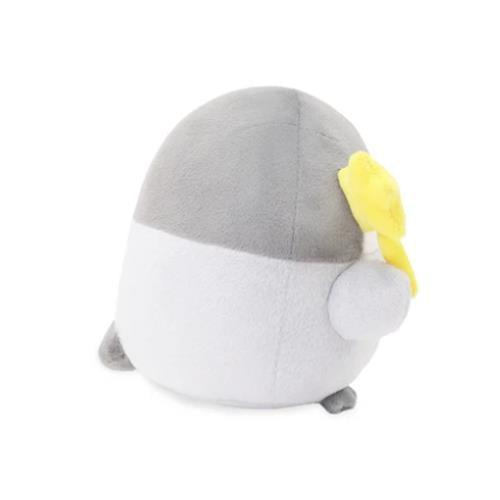 Gray and white plush penguin with yellow beak.