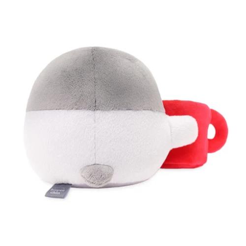 Gray and white plush toy with red mug.
