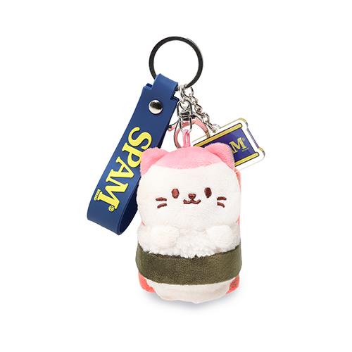 Keychain with a pink and white cat plush in a seaweed wrap and a blue Spam logo on the strap.